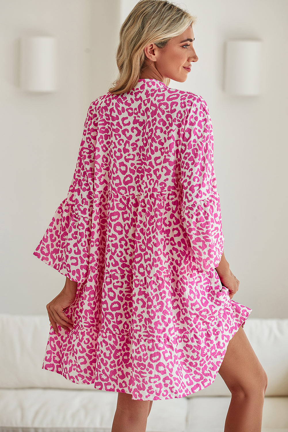 Bright Pink Leopard Print Flounce Sleeve Mini Dress Short Dresses 740c99eafc7a0d0e