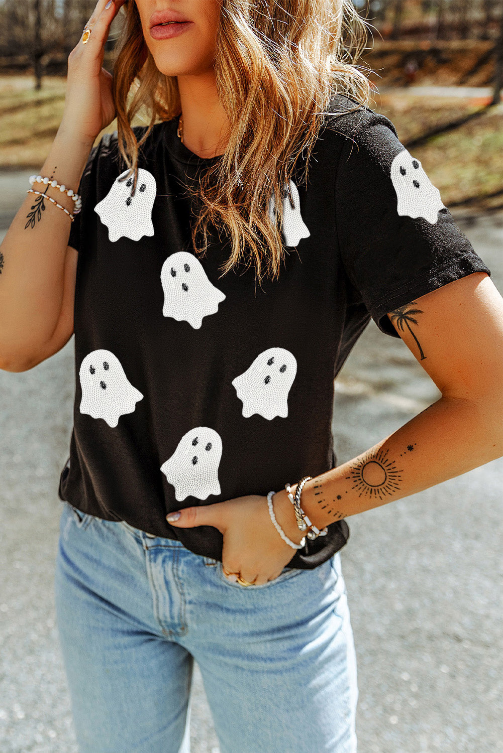 Sachet Pink Halloween Ghost Sequins Patch Casual T Shirt Graphic Tees 741699dd2acd42b6