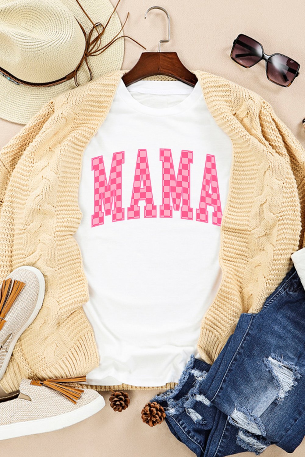 White Checkered MAMA Letter Heat Transfer Printing Graphic T Shirt Graphic Tees 7453e1635e85b00f