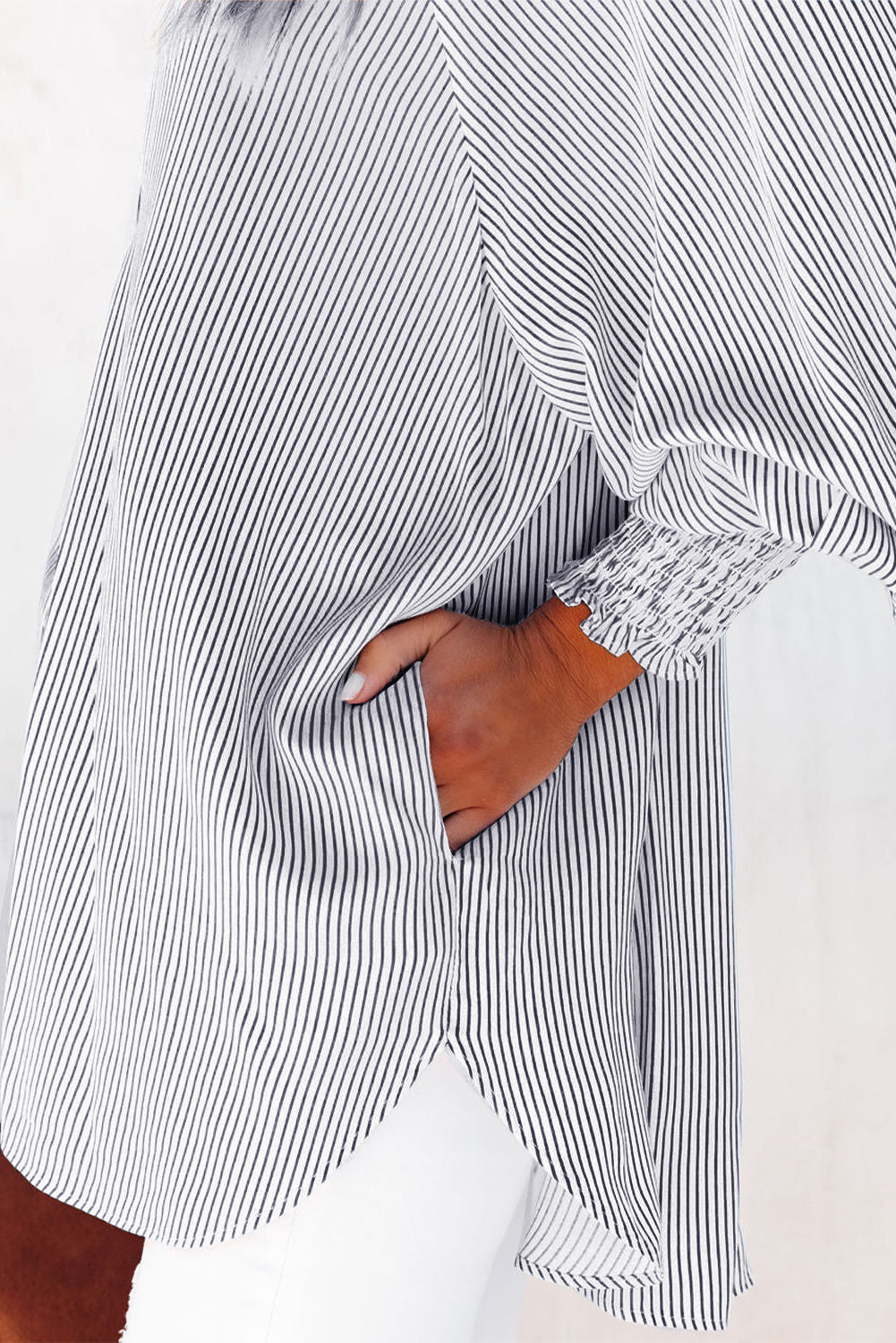 Black Striped Casual Shirred Cuffs Shirt Long Sleeve Tops 74eb795d69a88ea0