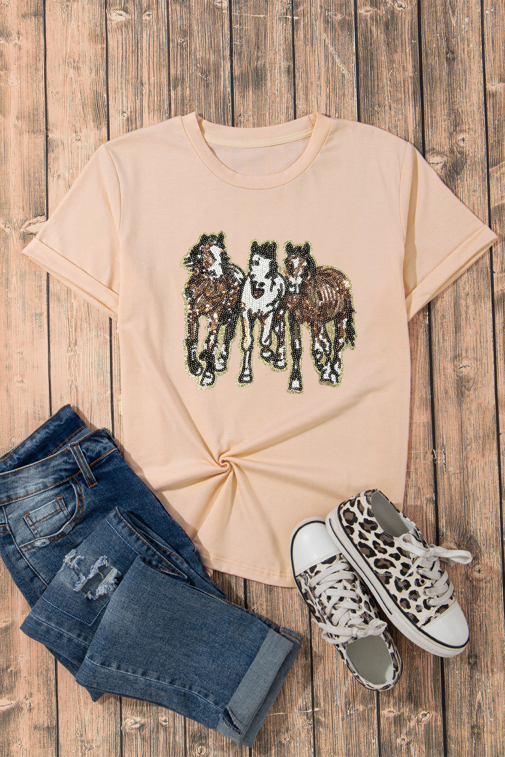 Khaki Sequin Horses Patched Casual Crewneck T Shirt Graphic Tees 74fd01b22a68c92a