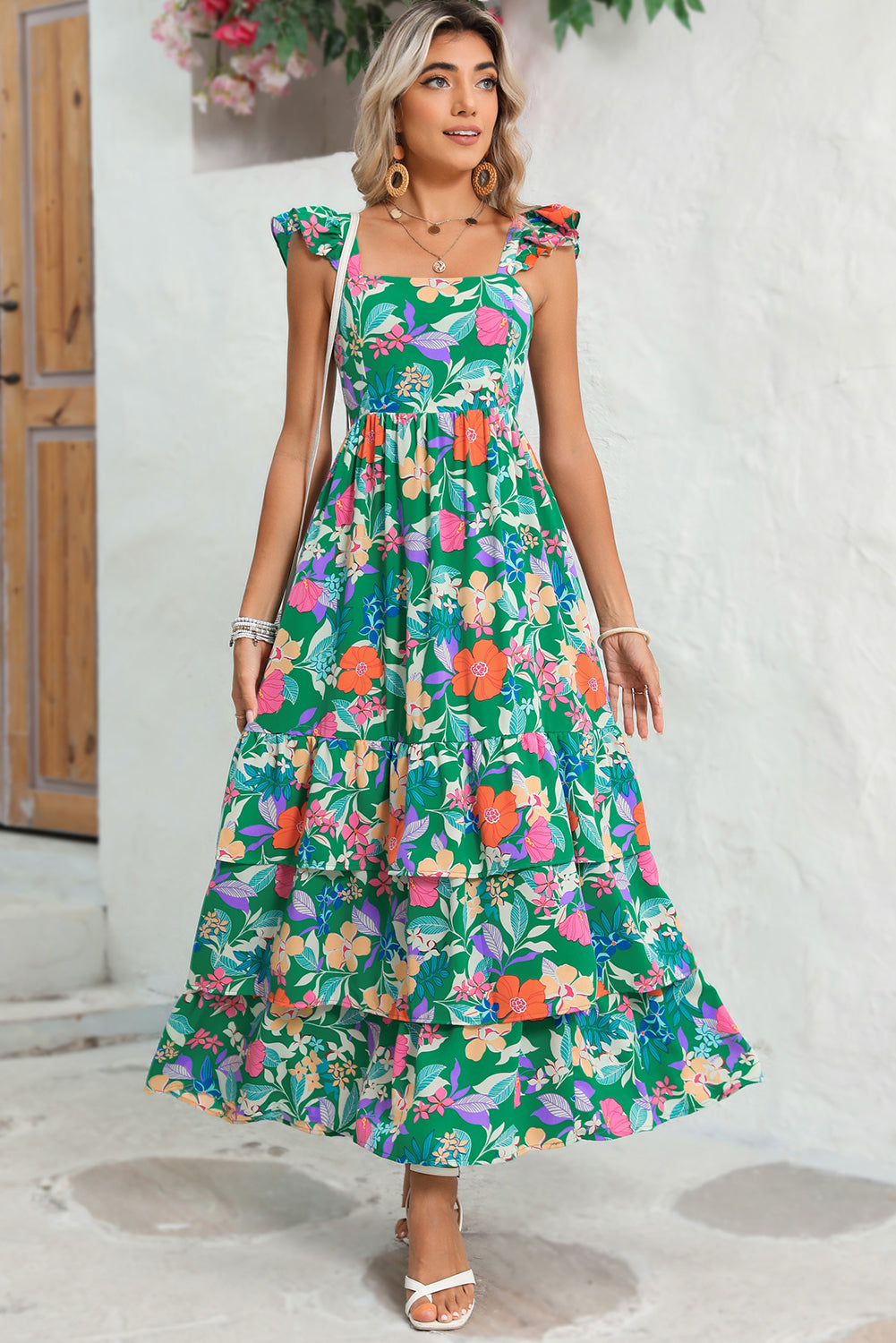 Green Boho Floral Print Ruffle Sleeveless Tiered Maxi Dress Maxi Dresses 7525b3c3d01c6942