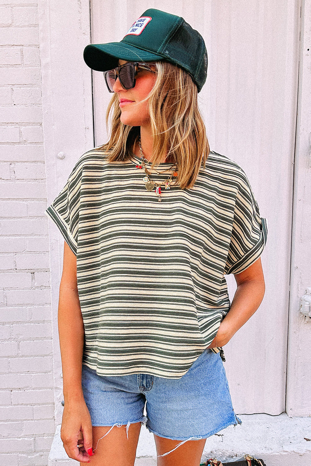 Green Stripe Textured Side Slit Crew Neck T Shirt T Shirts 7574efe649f0c555