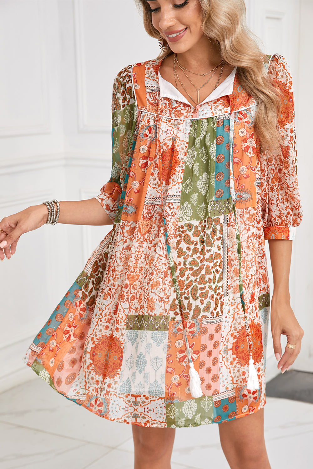 Orange Boho Paisley Mixed Print 3/4 Sleeve Chiffon Loose Dress Short Dresses 75a0dc705c36acc4
