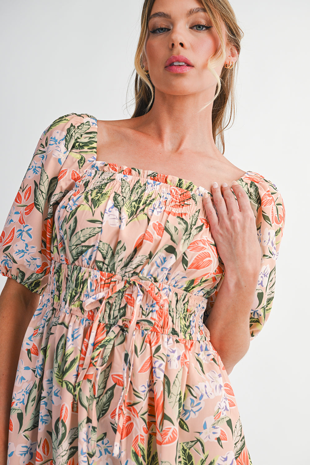 Apricot Pink Floral Knot Front Smocked Bubble Sleeve Dress Midi Dresses 75ef7c648235b3a4