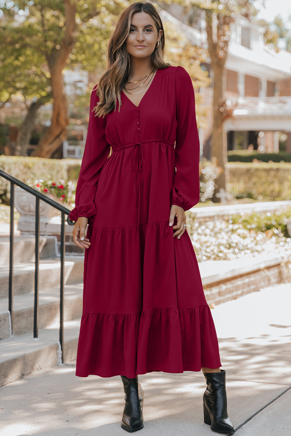 Burgundy Solid Long Sleeve Button V Neck Tiered Maxi Dress Maxi Dresses 75f701e051433875