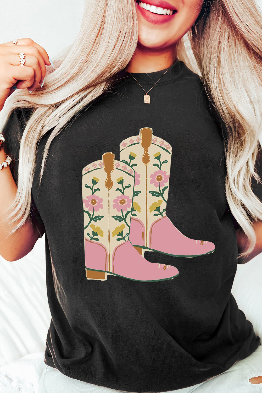 Black Floral Boots Heat Transfer Printing Graphic T Shirt Graphic Tees 75fed8b00cecd631