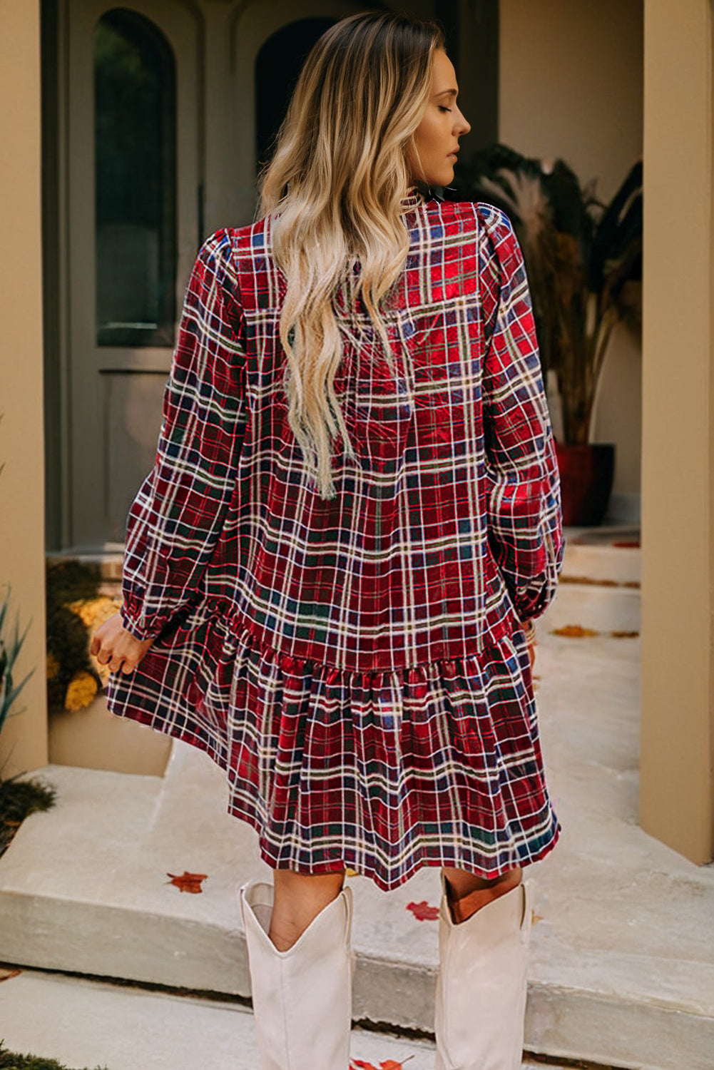 Red Plaid Print Frill Neck Long Sleeve Mini Dress Short Dresses 773a9dba6f13d183