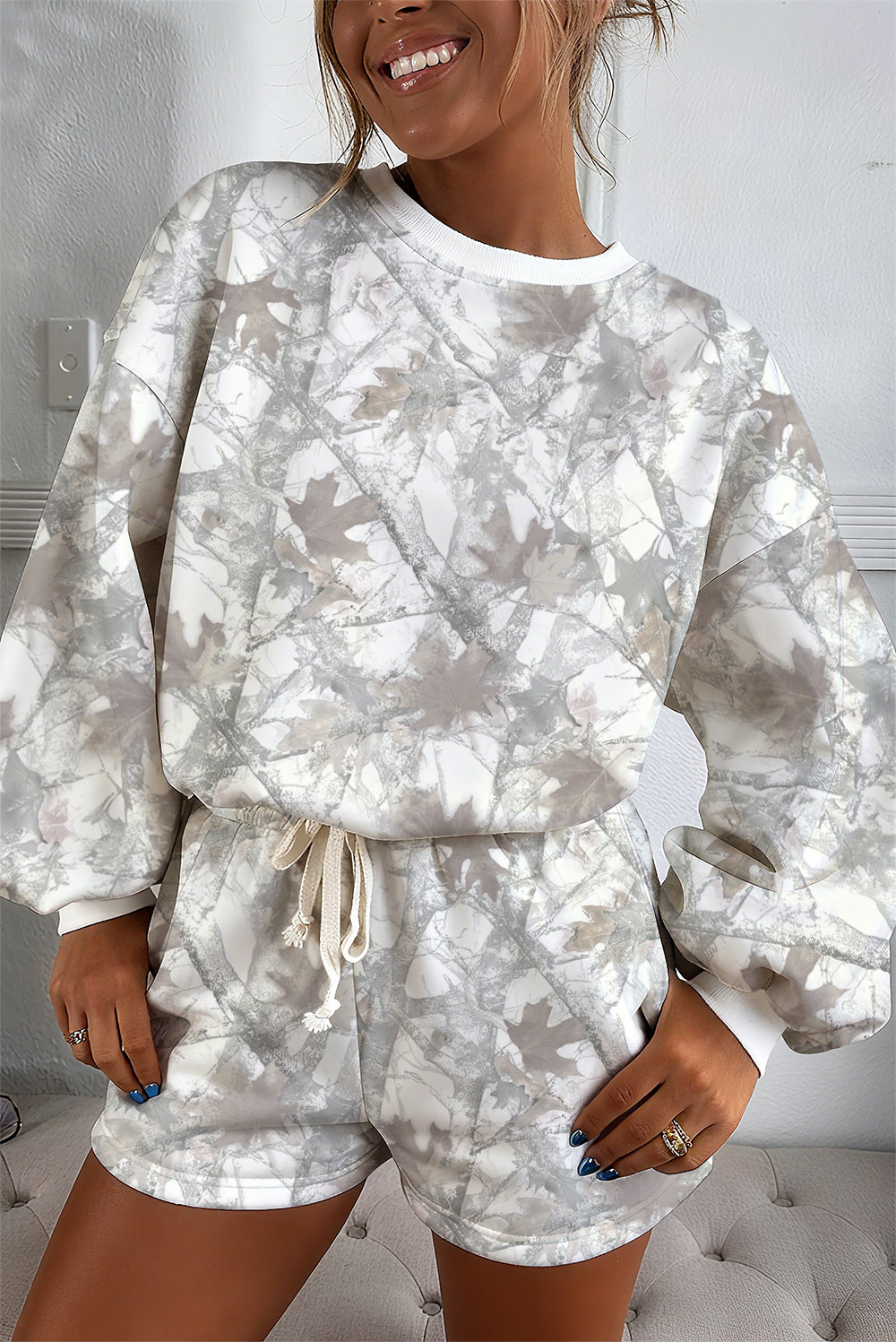 Light Grey Camouflage Print Round Neck Drop Sleeve Shorts Set Two Piece Shorts Sets 779812b751be953a