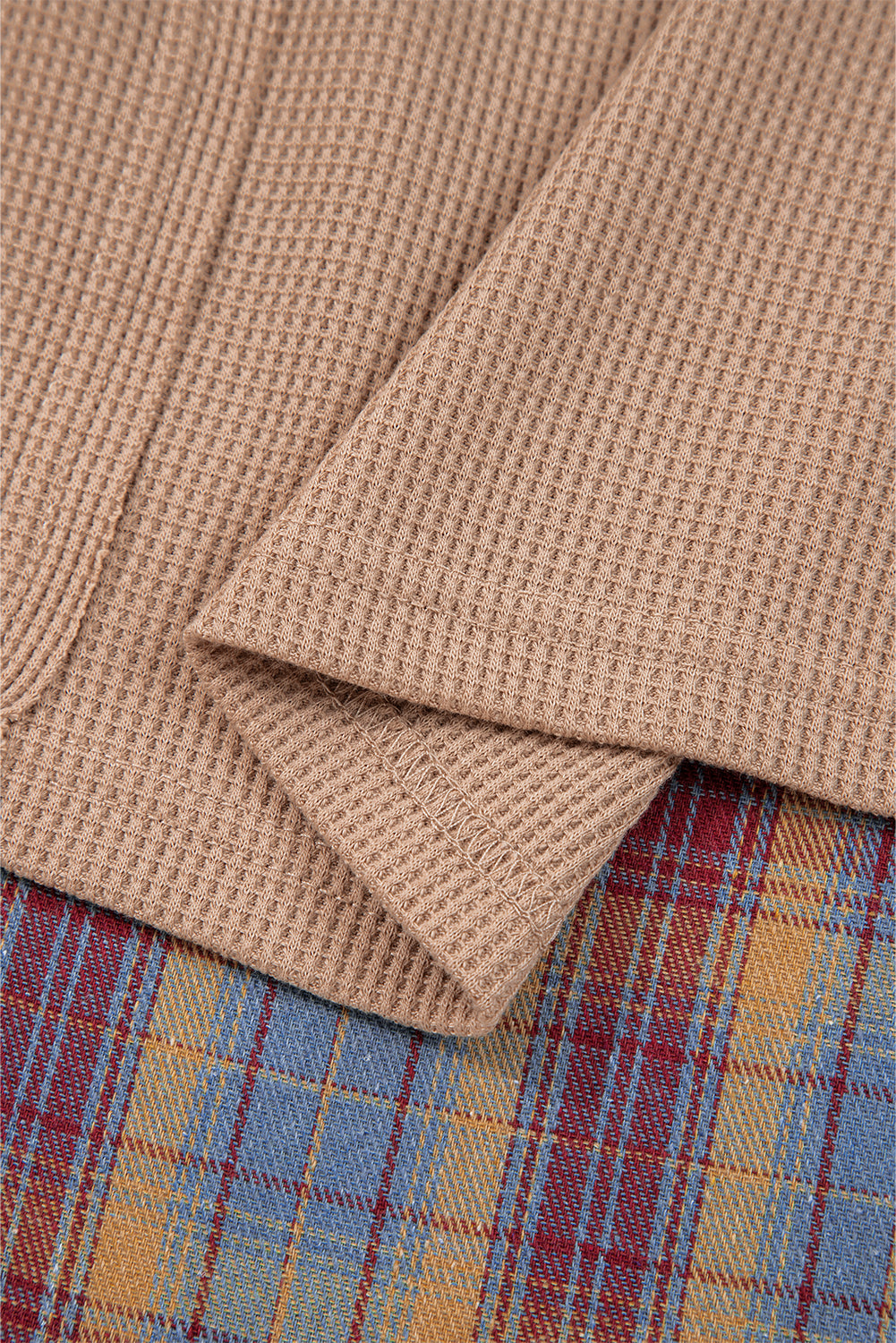 Beige Waffle Stripe Plaid Patchwork Henley Top Long Sleeve Tops 77a300a9bb9e976f