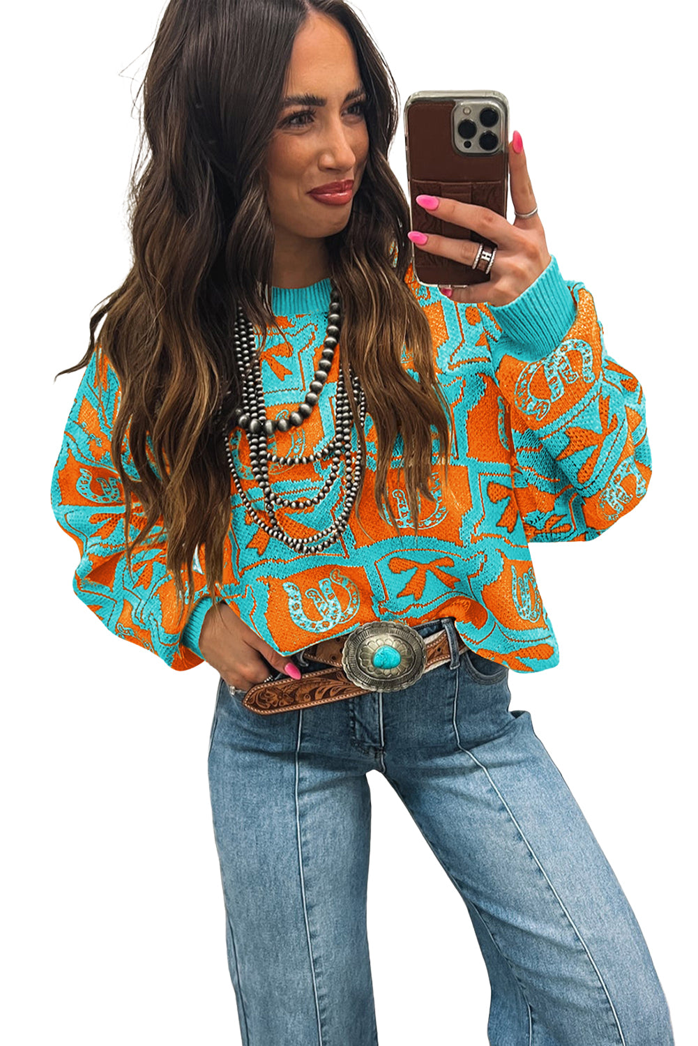 Brown Colorblock Bow Pattern Drop Sleeve Sweater Sweaters 77d21449ce92c21a