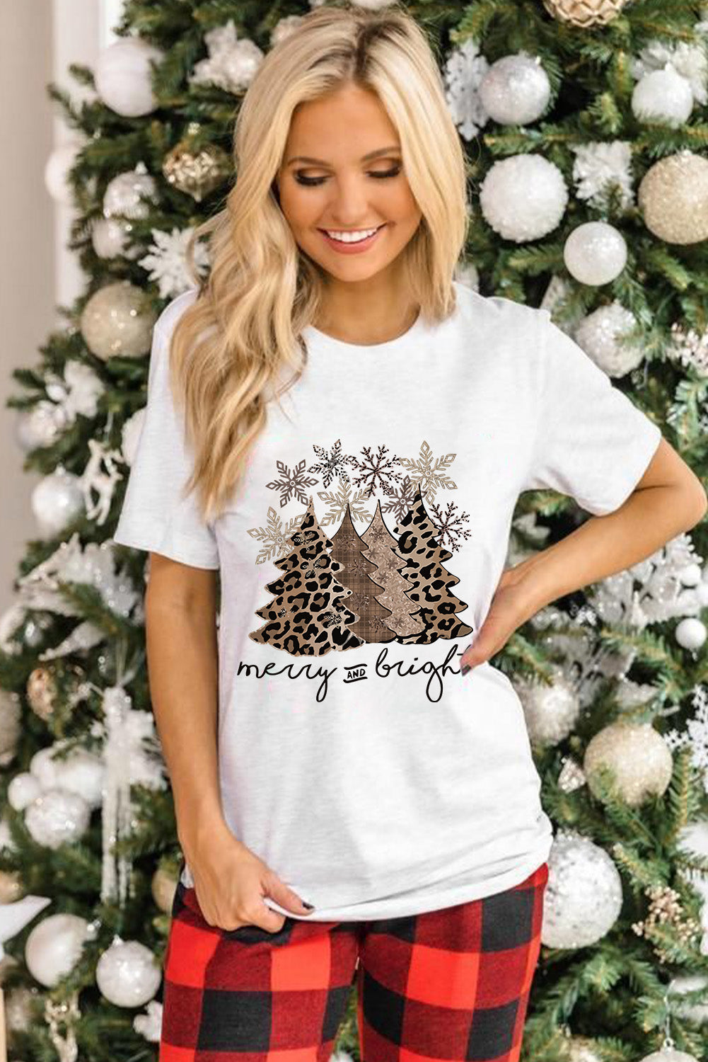 White Leopard Christmas Tree Casual Crew Neck Graphic Tee Graphic Tees 77d98e68978b1b66