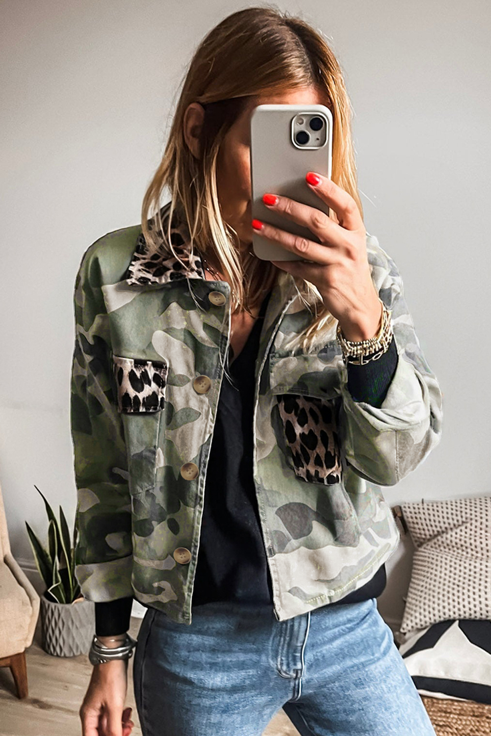 Green Camouflage Leopard Patchwork Flap Pocket Collared Jacket Jackets 77fb004c8fadc7ef