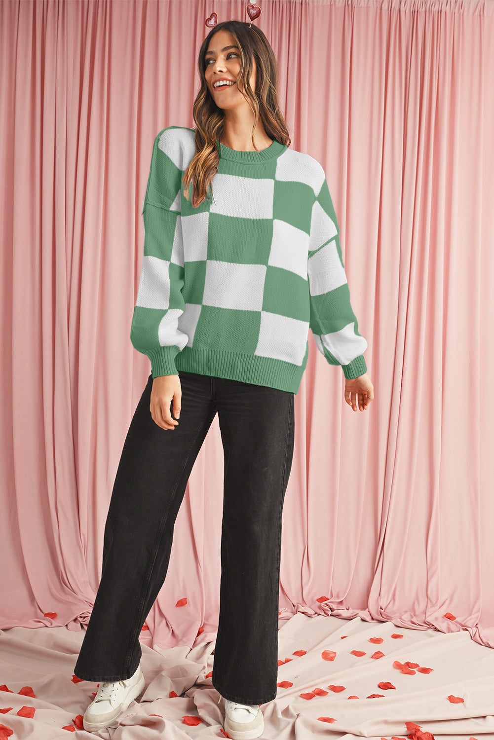 Green Checkered Bishop Sleeve Pullover Sweater Sweaters 7824e08b0934f3f6