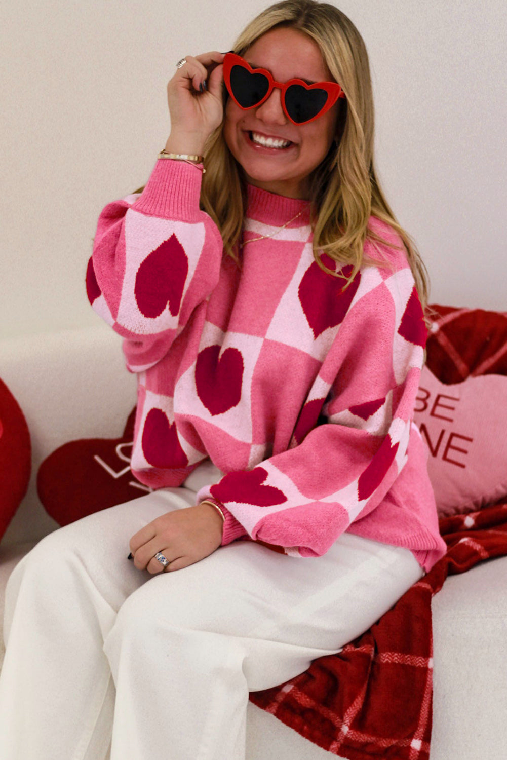 Pink Love Heart Checkered Valentine Knit Sweater Sweaters 7886644ca0e7635c
