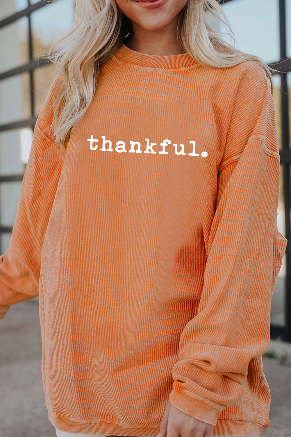 Orange thankful Letter Heat Transfer Printing Ribbed Crew Neck Thanksgiving Sweatshirt Graphic Sweatshirts 78aecada680f1fcc