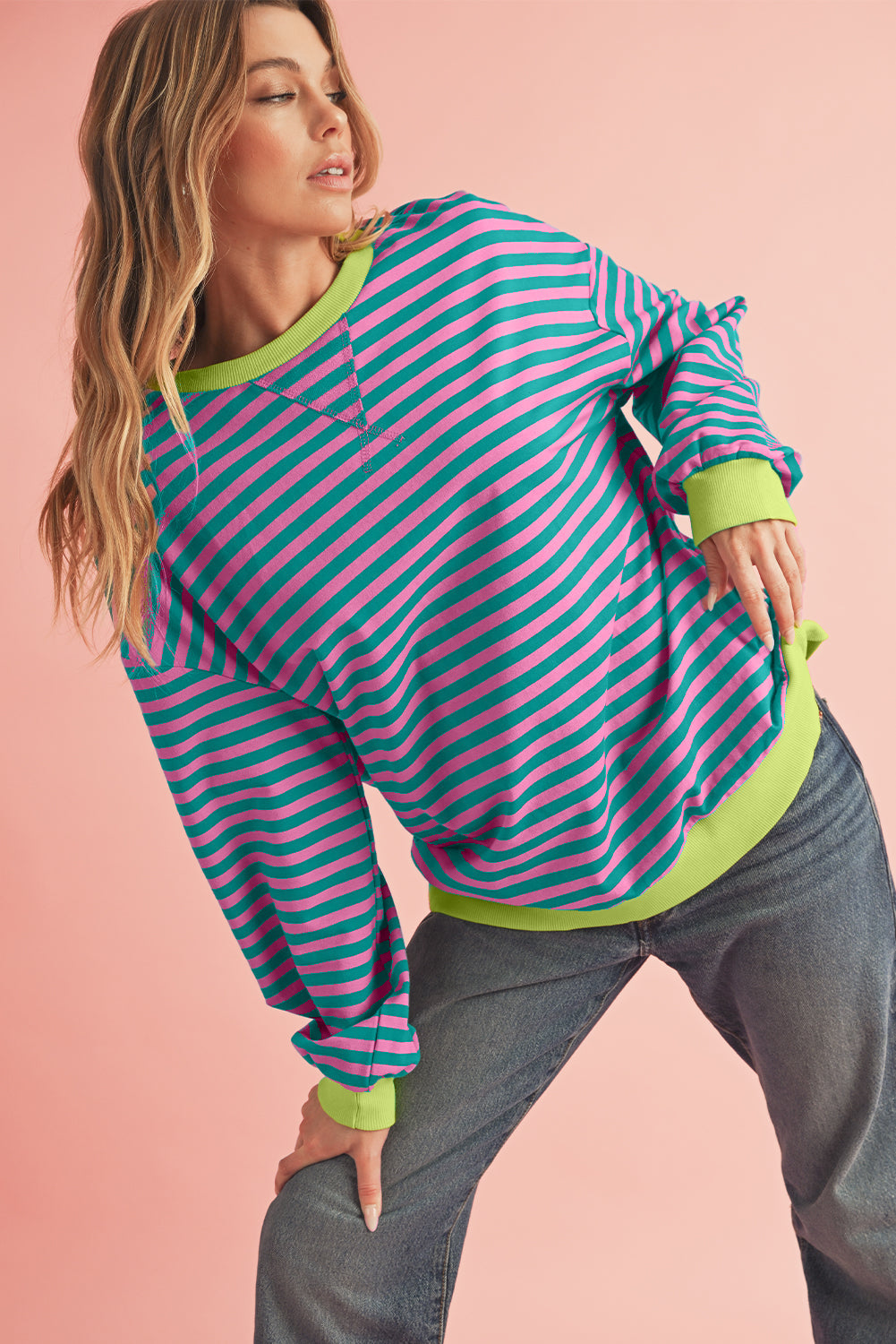Blue Stripe Contrast Edge Cross Seam Oversized Pullover Sweatshirts & Hoodies 78fac5a4538e4618