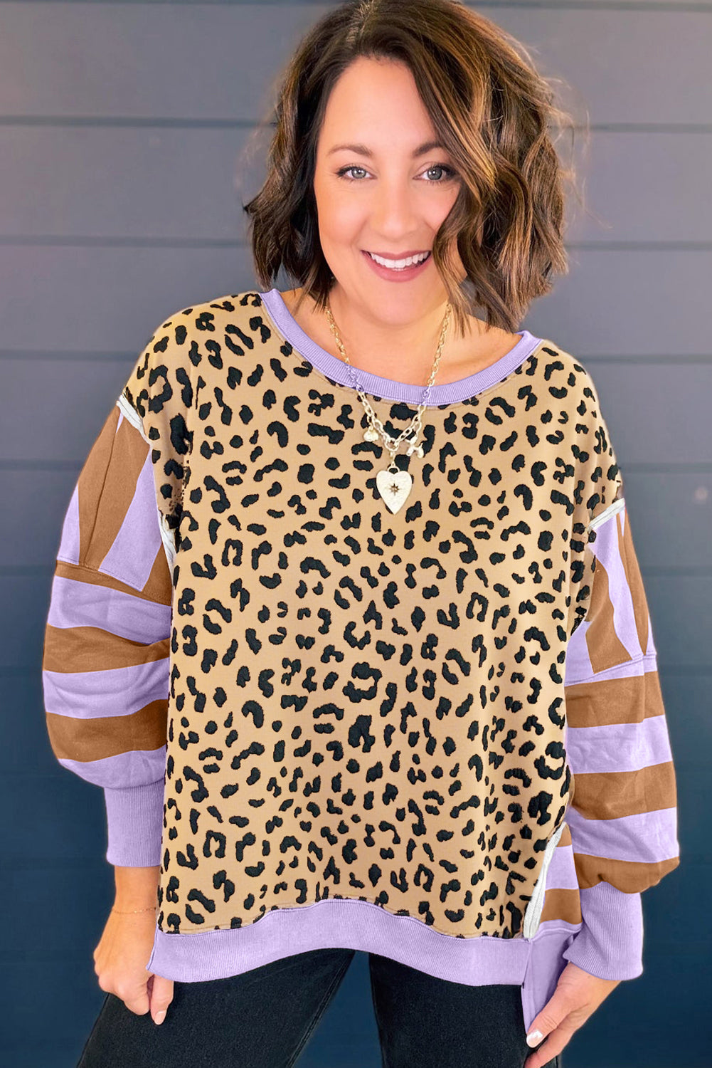 Purple Leopard Striped Patchwork Plus Size Loose Sweatshirt Plus Size Tops 791ebf3a0c12fb53