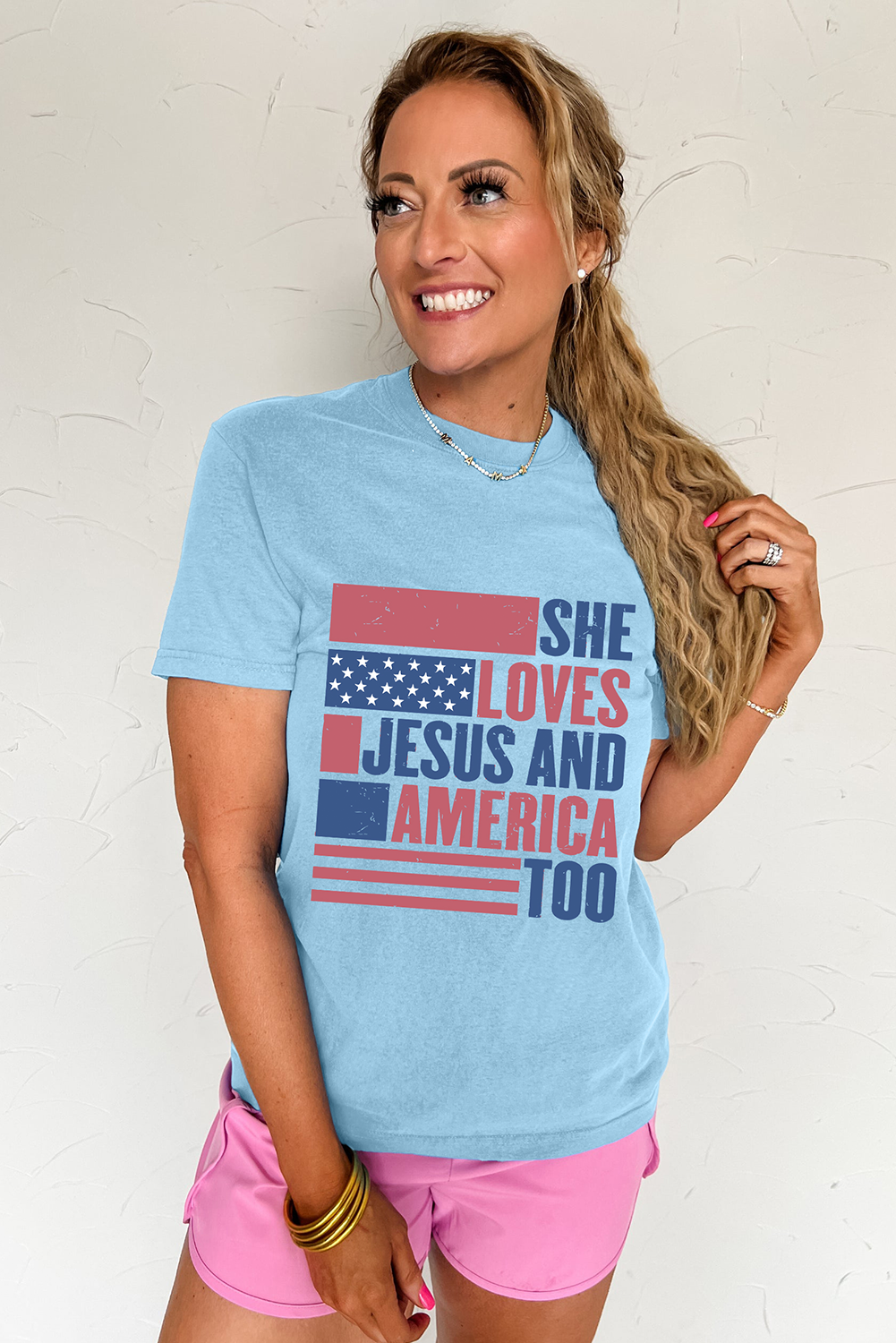 Light Blue SHE LOVES JESUS AND AMERICA TOO Heat Transfer Printing Patriotic T Shirt Graphic Tees 793f10f7838f27ee