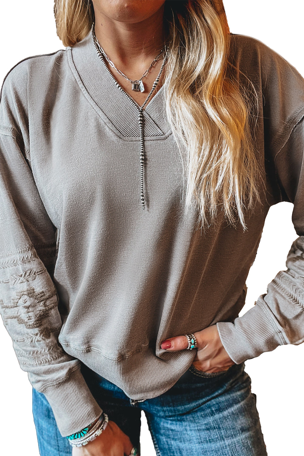 Parchment Geometric Embroidered V Neck Sweatshirt Sweatshirts & Hoodies 79a6bb3bdcc988af