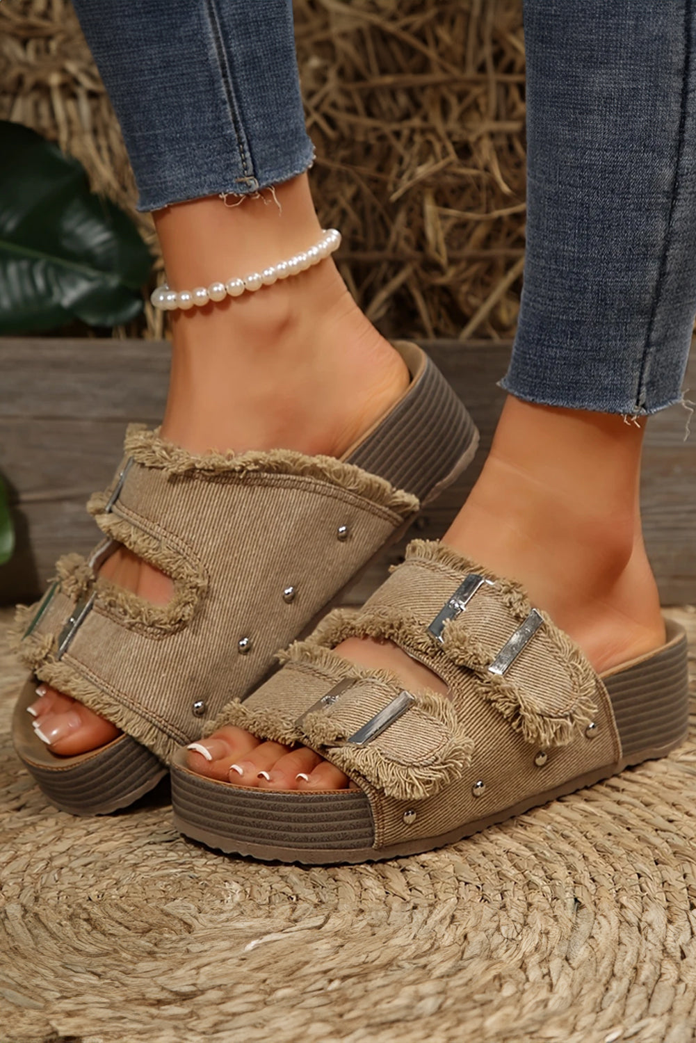 Pale Khaki Double Buckle Straps Frayed Detial Retro Slippers Slides Shoes + Flip Flops 7a1abb0ce9e3f11b