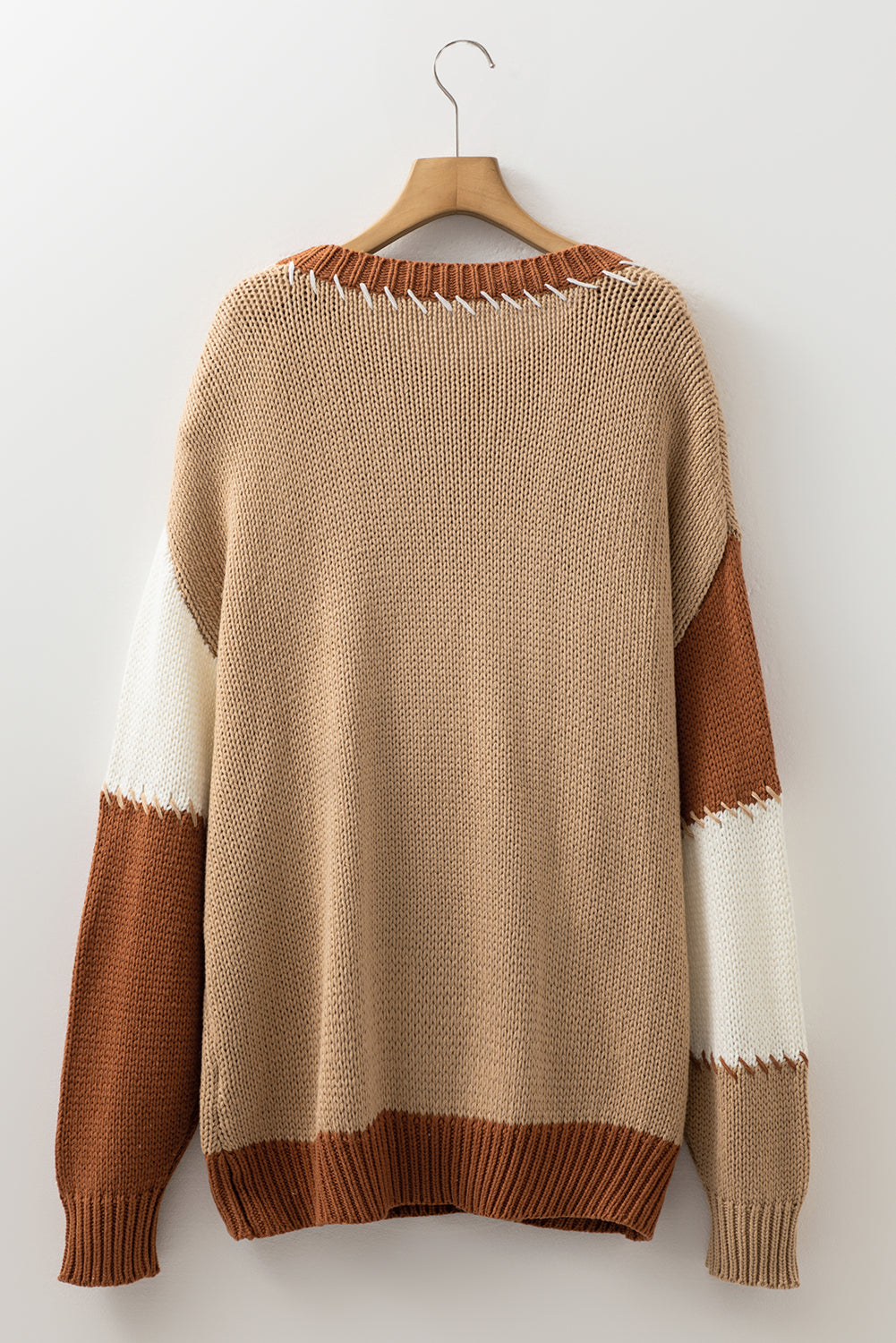 Light French Beige Contrast Stitch Detail Colorblock Knitted Plus Size Sweater Plus Size Sweaters&Cardigans 7a26ee8bcb4aa9b5