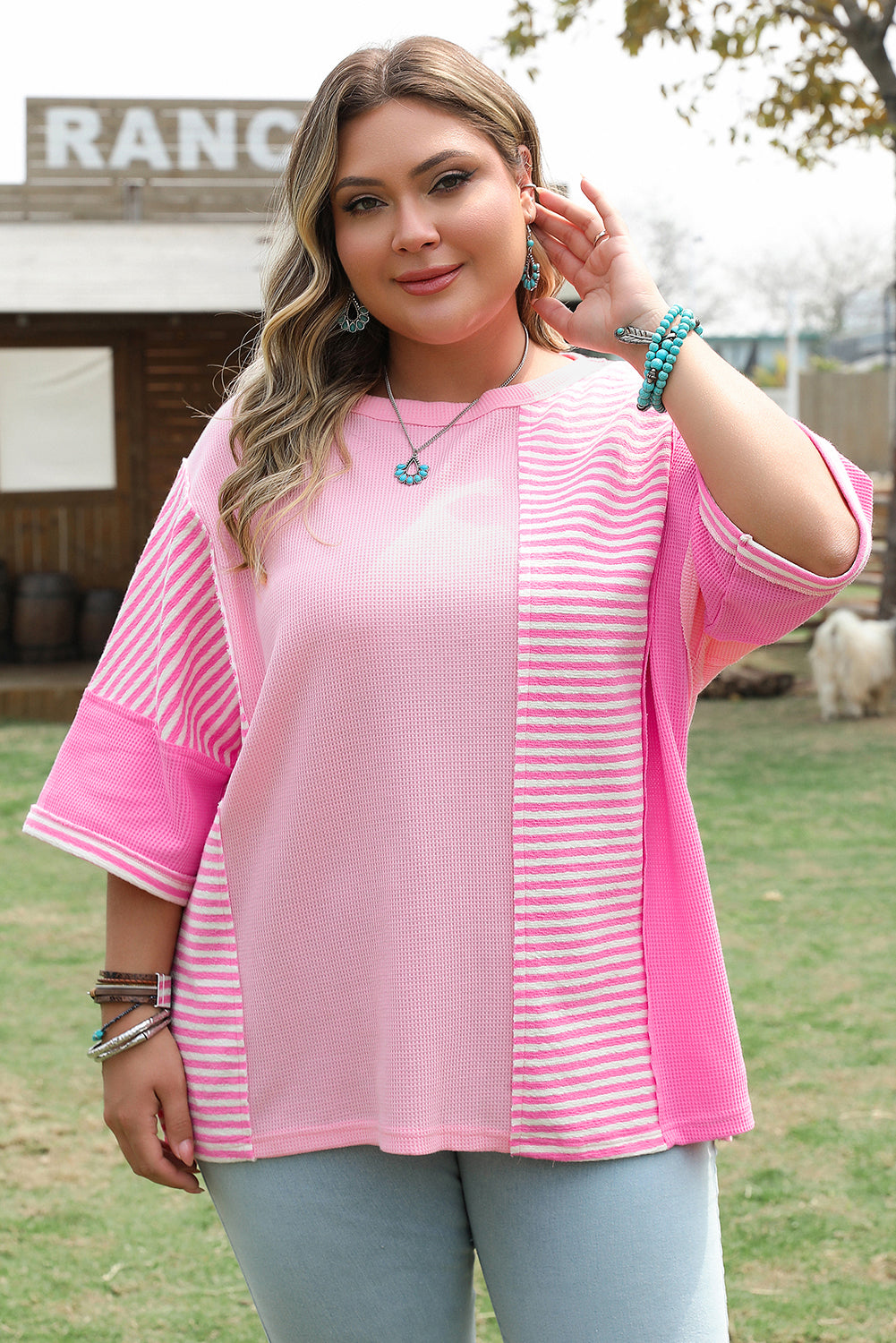Pink Stripe Waffle Patchwork Plus Size T-Shirt Plus Size Tops 7a34623988a09532