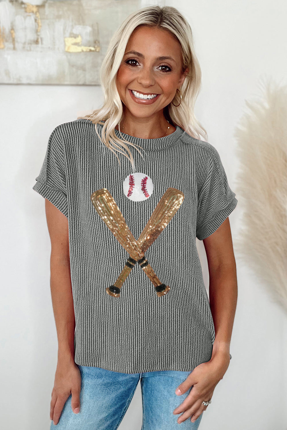 Medium Grey Ribbed Knit Sequin Baseball Graphic T Shirt Graphic Tees 7a40c02ccfffc943