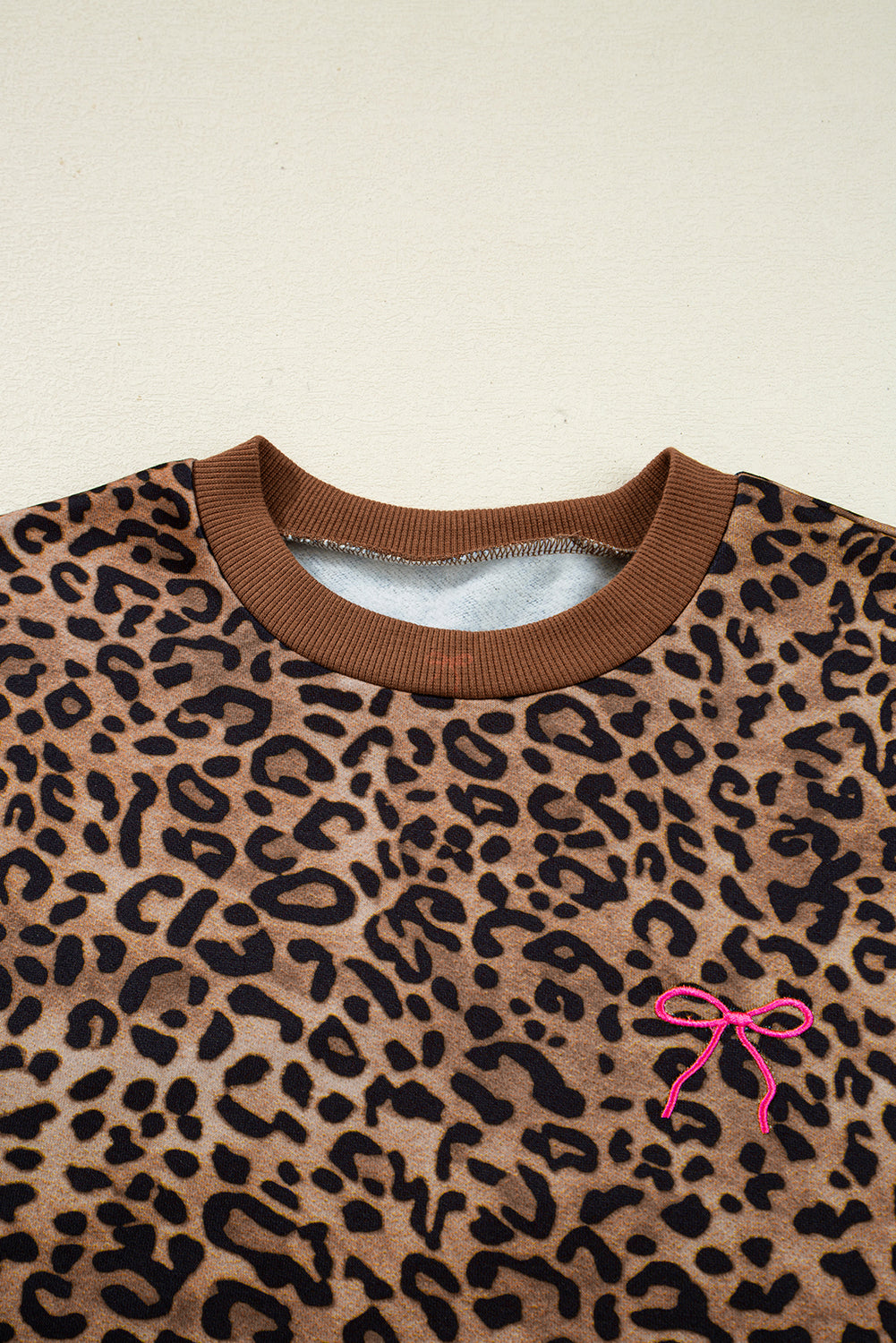 Coffee Allover Leopard Print Contrast Trim Long Sleeve Top and Pants Set Two Piece Pants Sets 7a434e0c08cf8f51