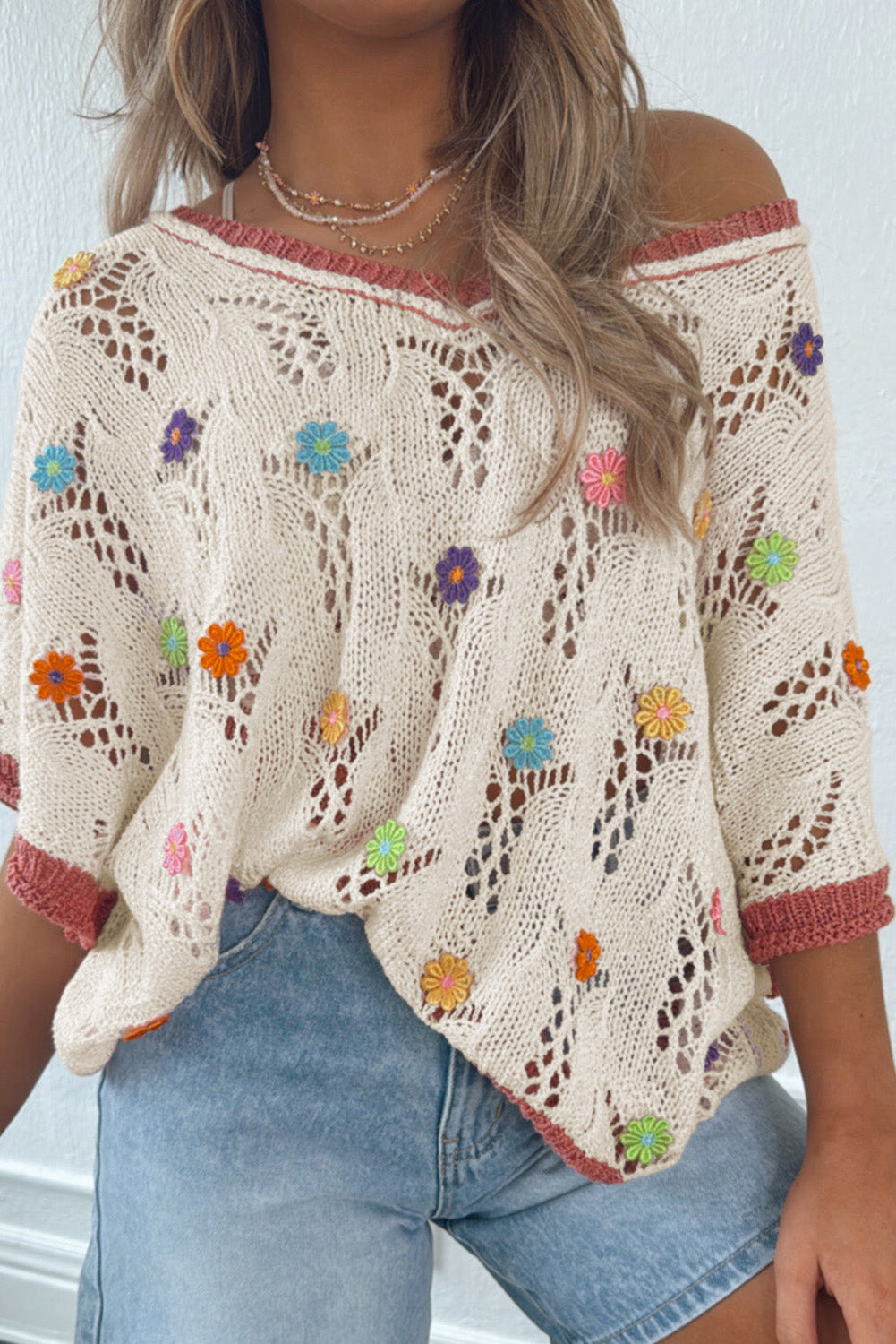 Delicacy Flowers Colorblock Edge Hollow Crochet Knit Top Knit Tops 7a43bde604d632c0