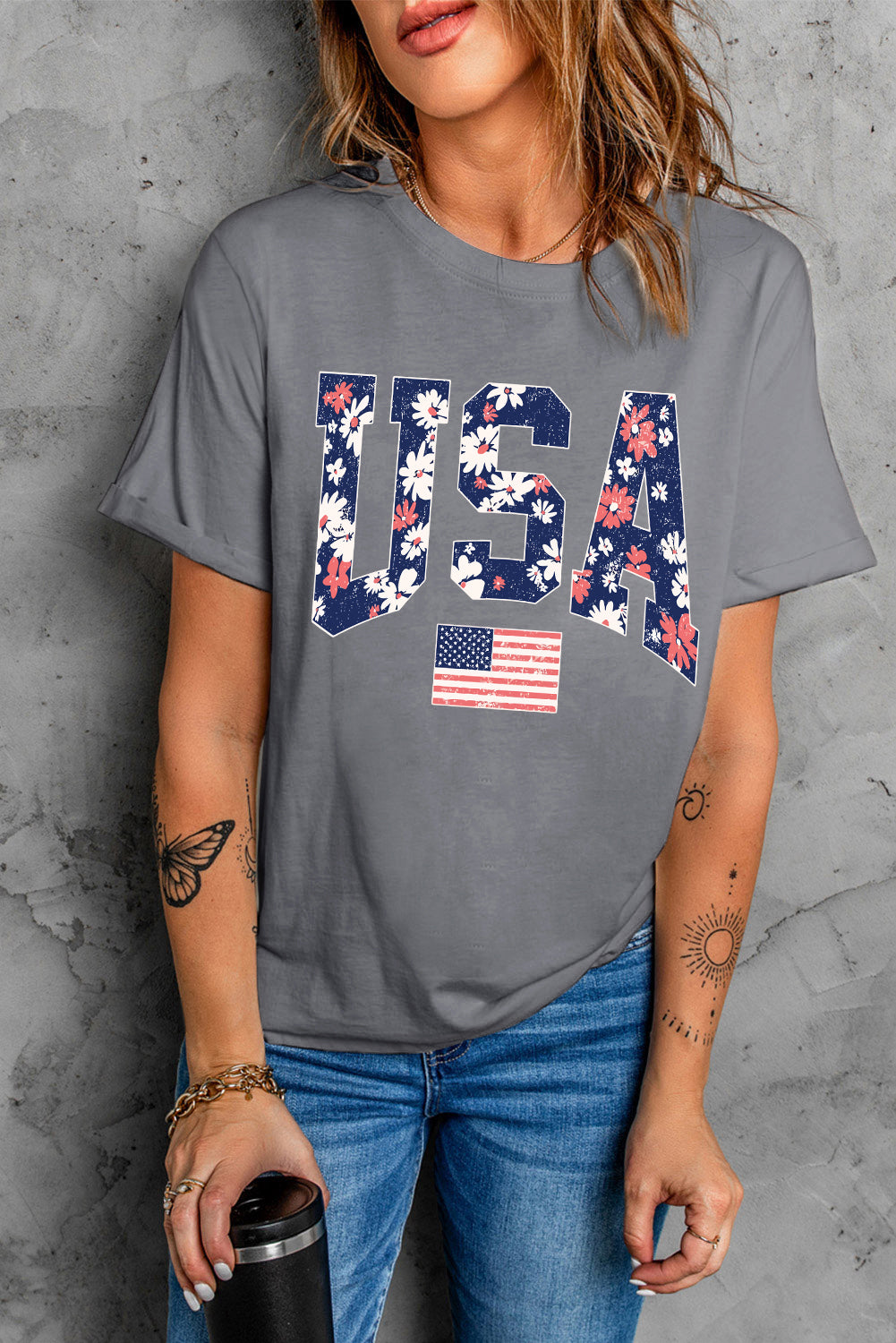 Gray Floral USA Flag Graphic Roll Up Sleeve Tee Graphic Tees 7a508a6a3d5b7b1a