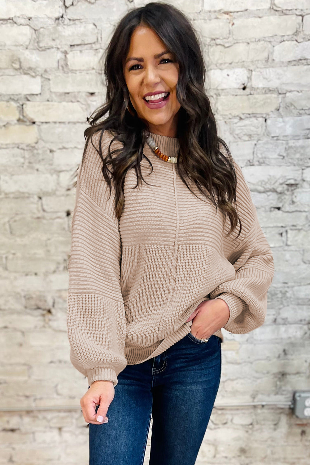 Parchment Mixed Texture Patchwork Knitted Lantern Sleeve Sweater Sweaters 7a81f1b36277af06