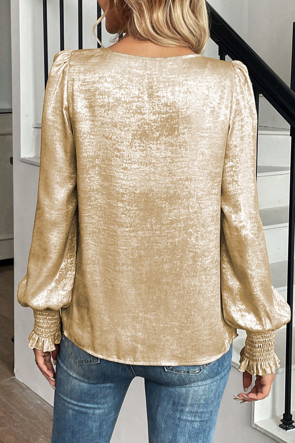 Apricot Metallic Round Neck Smocked Puff Sleeve Blouse Blouses 7aa4f083ba76d920
