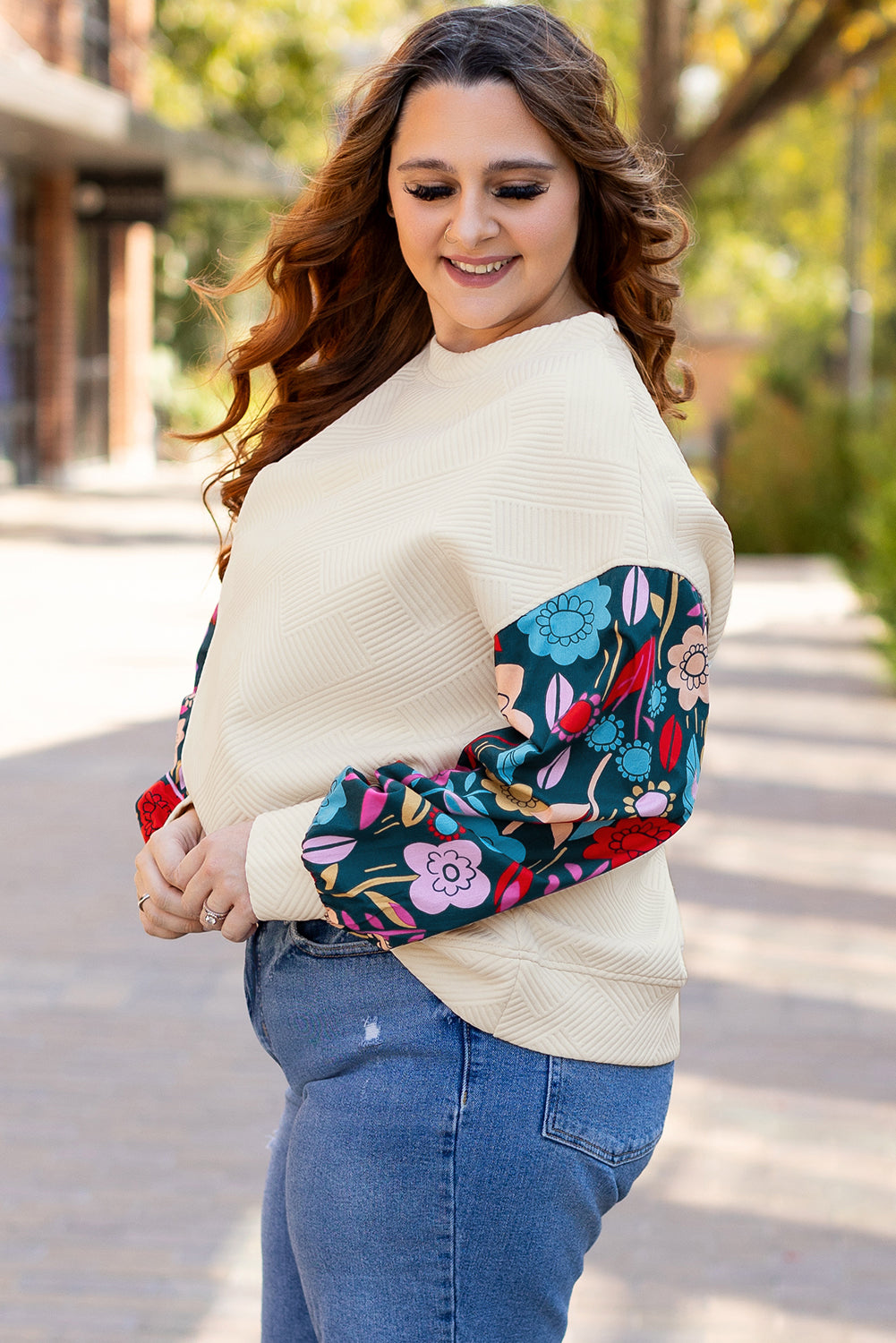 White Floral Patchwork Sleeve Textured Plus Size Pullover Top Plus Size Tops 7adfd99302388891