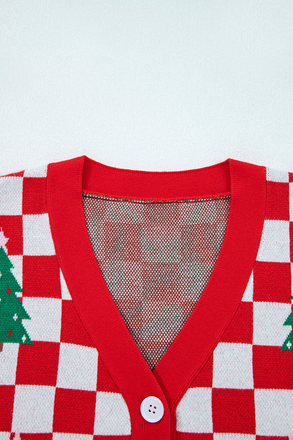 Red Checkered Christmas Tree Pattern Button V Neck Knit Cardigan Cardigans 7ae0aa1f5a7c88ad