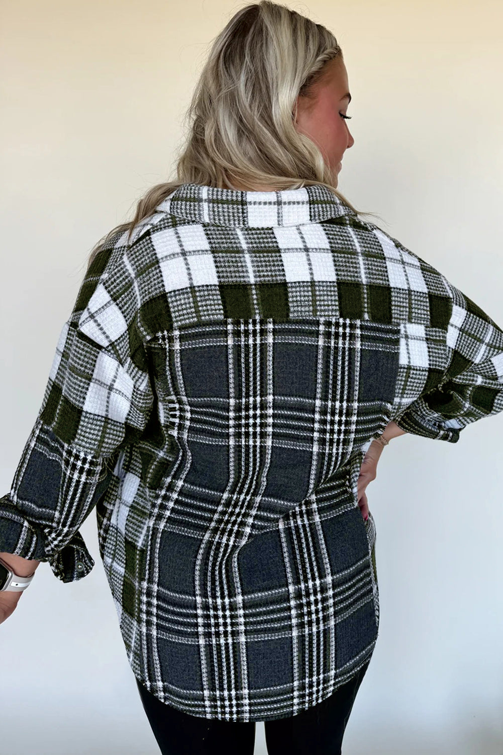 Black Plaid Print Textured Knit Buttoned Shacket Jackets 7ae9aa61fdfc5441