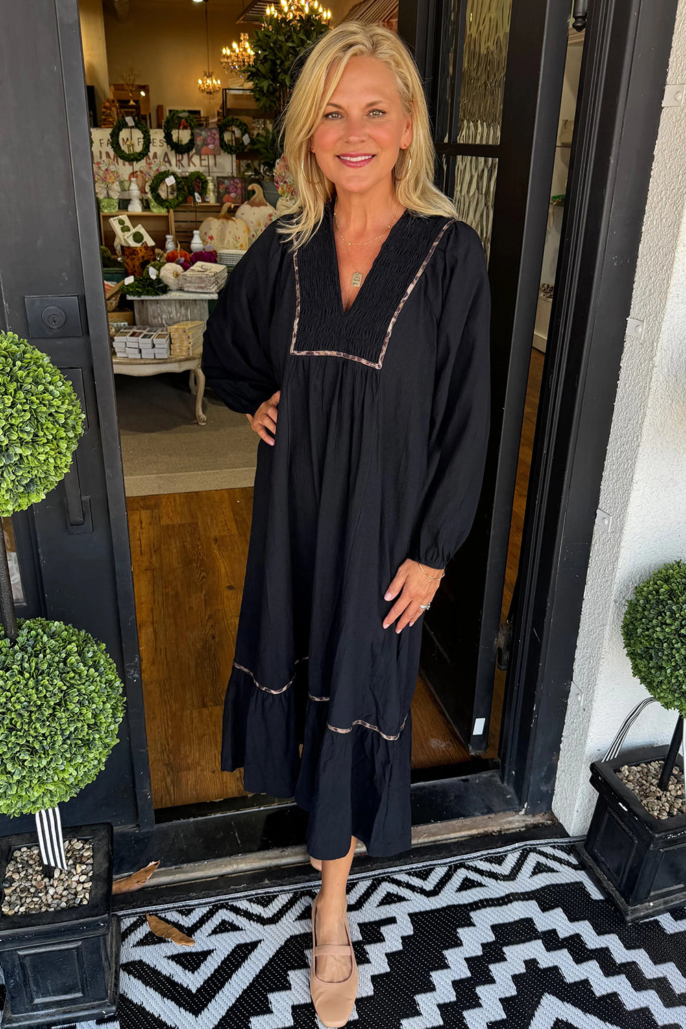 Black Collared V Neck Shirred Detail Contrast Leopard Trim Long Dress Midi Dresses 7b1f556d4649ba3c