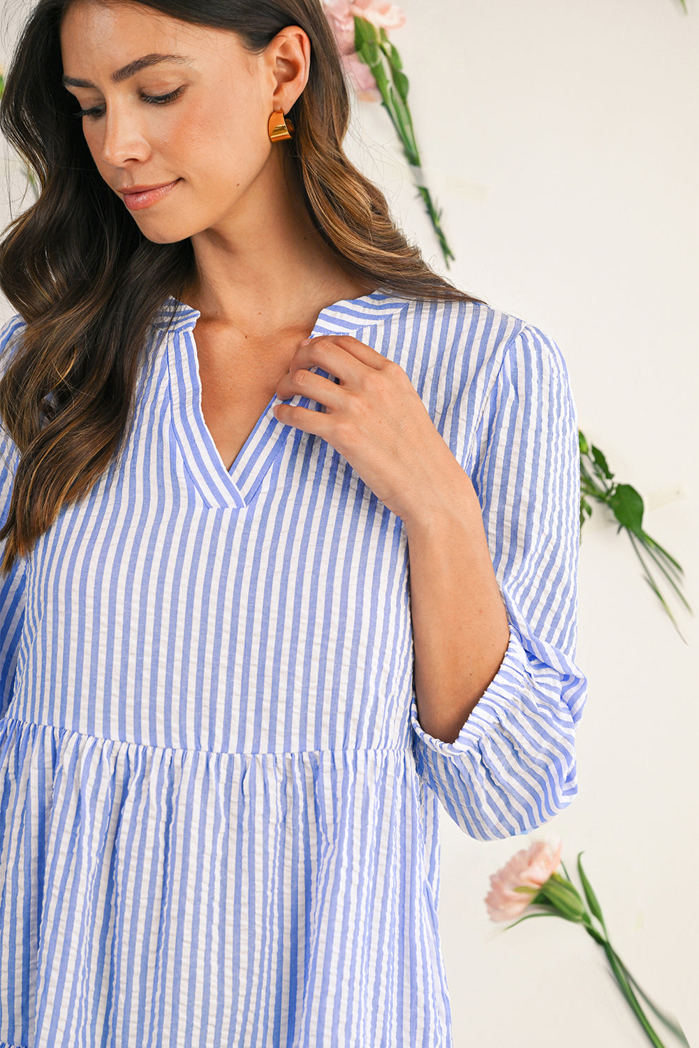 Sky Blue Striped Textured Bracelet Sleeve Tiered Mini Dress Short Dresses 7b2409d7bb2c4d56