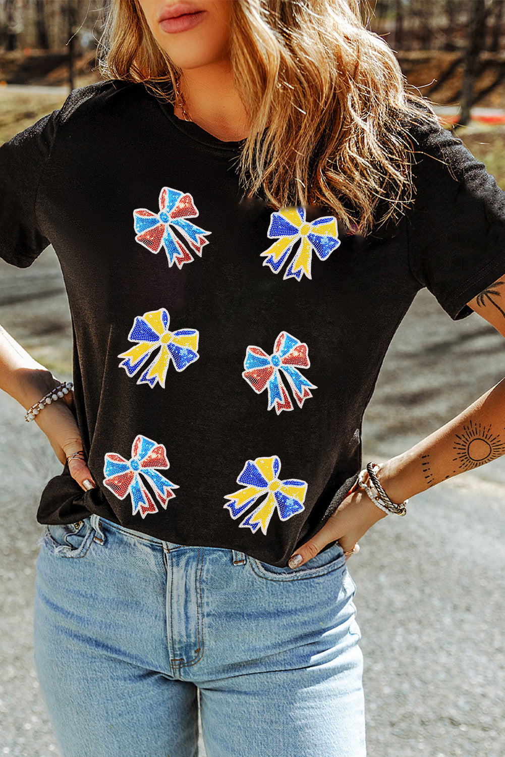 Black Cheerful Sequin Bow Patched Game Day T Shirt Graphic Tees 7b4993ac71ca45dc