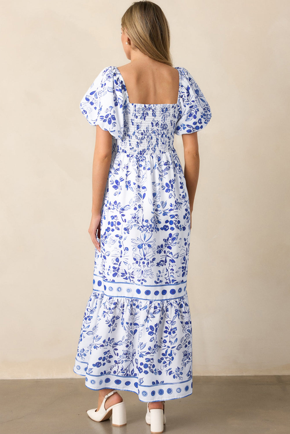 Sky Blue Floral Print Square Neck Bubble Sleeve High Waist Maxi Dress Maxi Dresses 7b73adcae8023efc