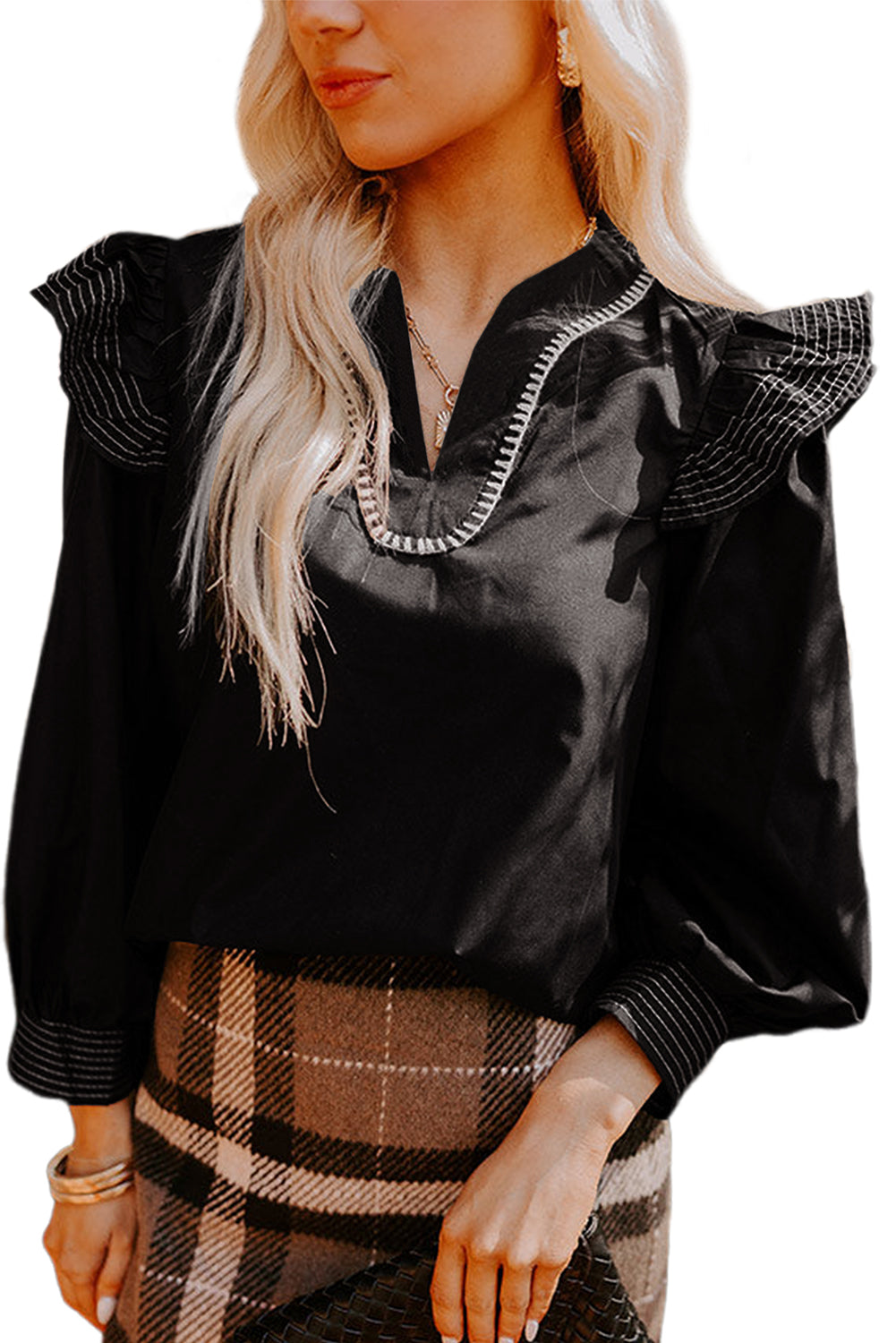 Black Contrast Stitched Detail V Neck Ruffle Long Sleeve Blouse Blouses 7b80001fab832a1b