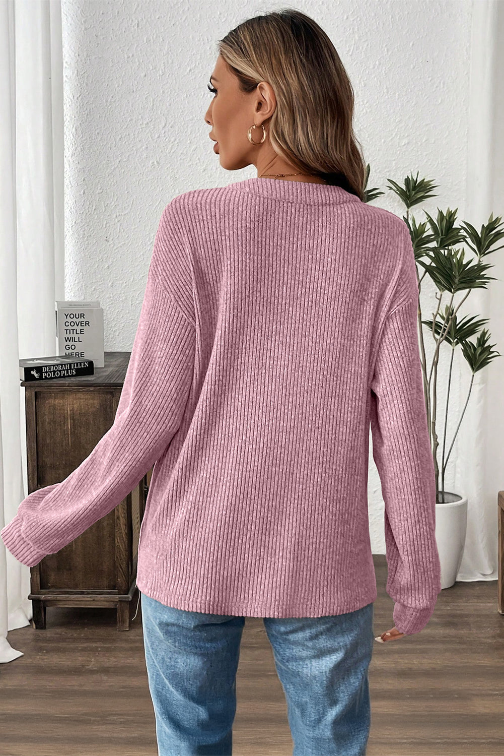 Pink Ribbed Texture Drop Shoulder Henley Knit Top Long Sleeve Tops 7b99eb3f5b7b0d32