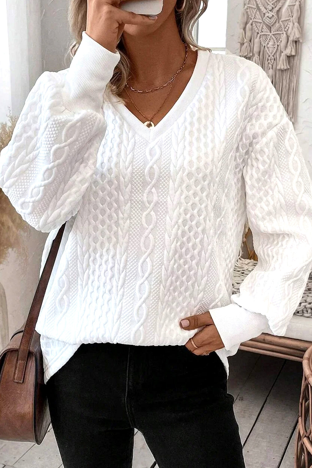 White Plain V-Neck Oversized Long Sleeve Textured Top Long Sleeve Tops 7ba26f8a9a86f0d6