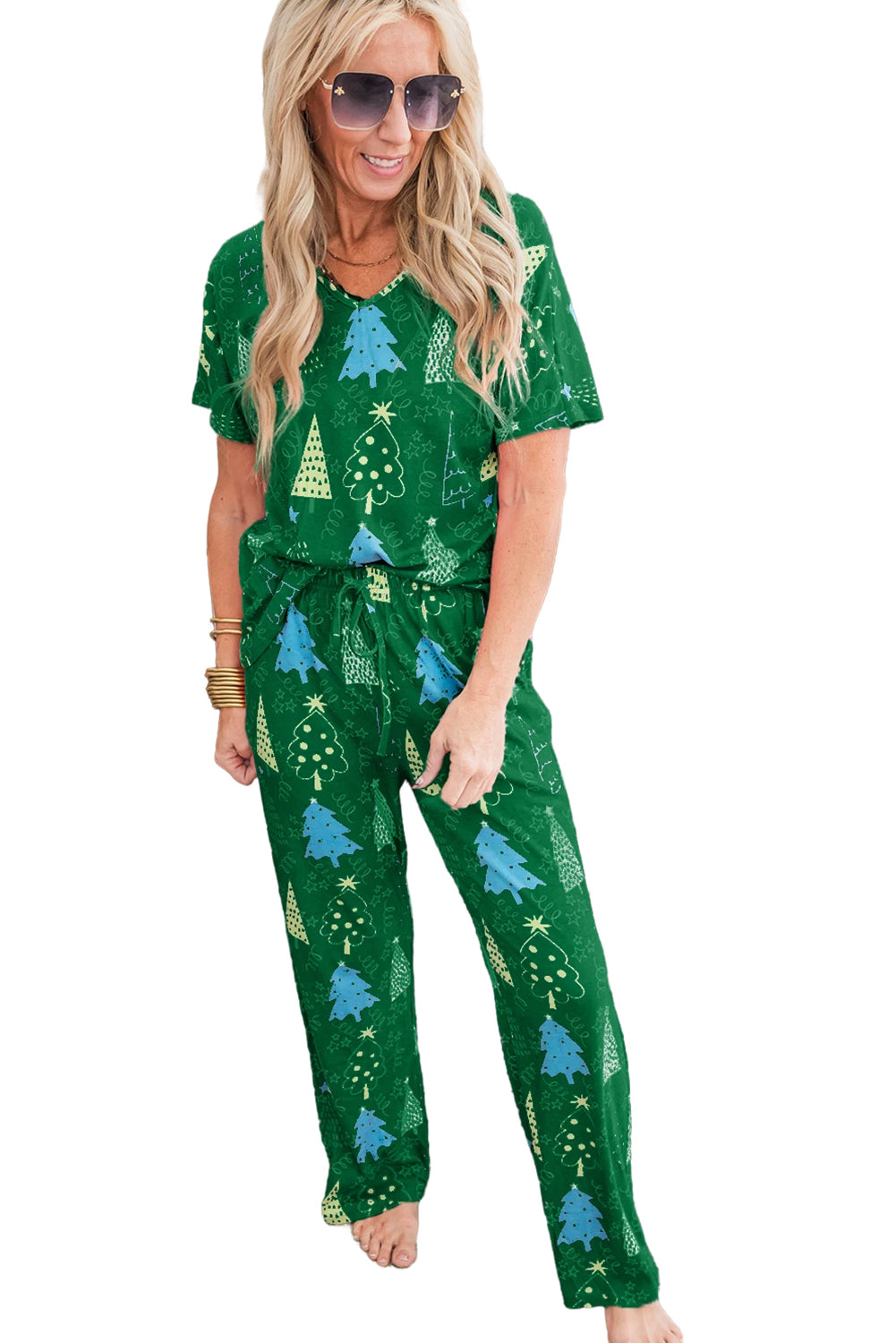 Green Christmas Tree Print V Neck Tee and Pants Pajama Set Loungewear Set 7bebb617545e4c98