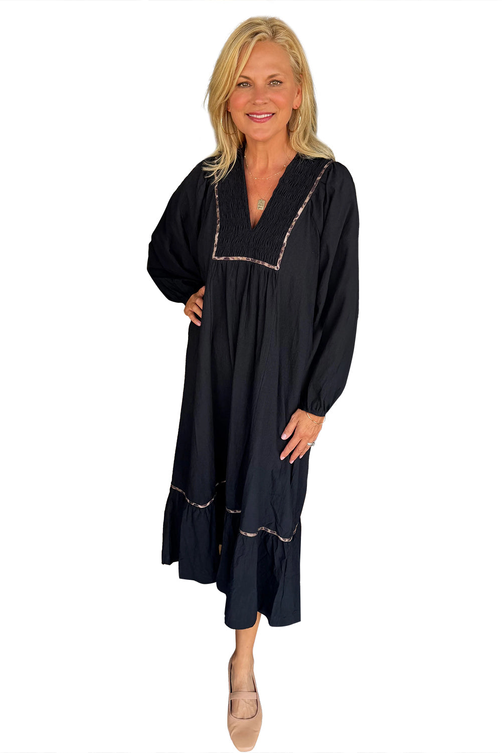 Black Collared V Neck Shirred Detail Contrast Leopard Trim Long Dress Midi Dresses 7c10cb46121285ef