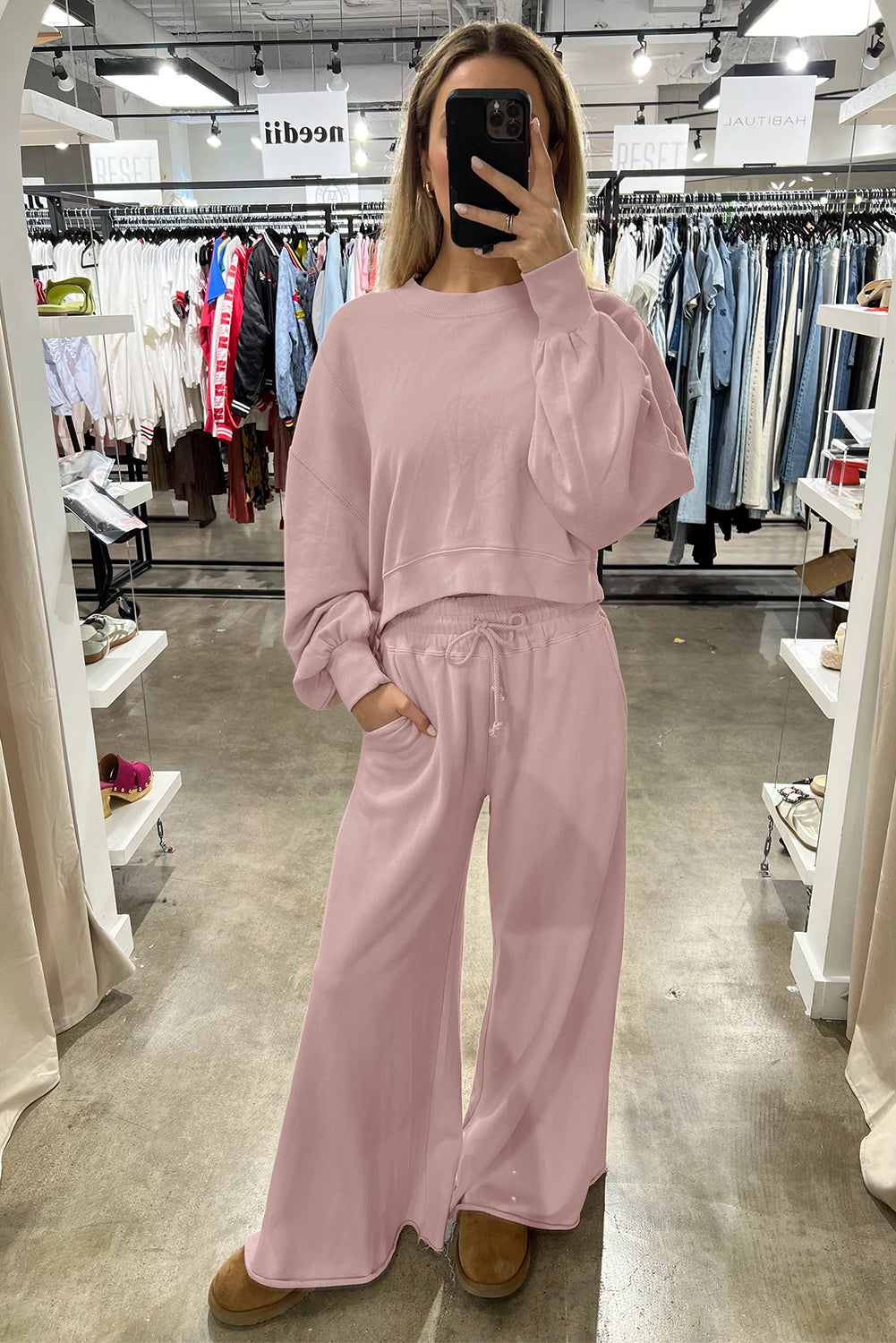 Light Pink Drop Shoulder Crop Pullover Drawstring Wide Leg Pants Set Two Piece Pants Sets 7c573cd591ff534c