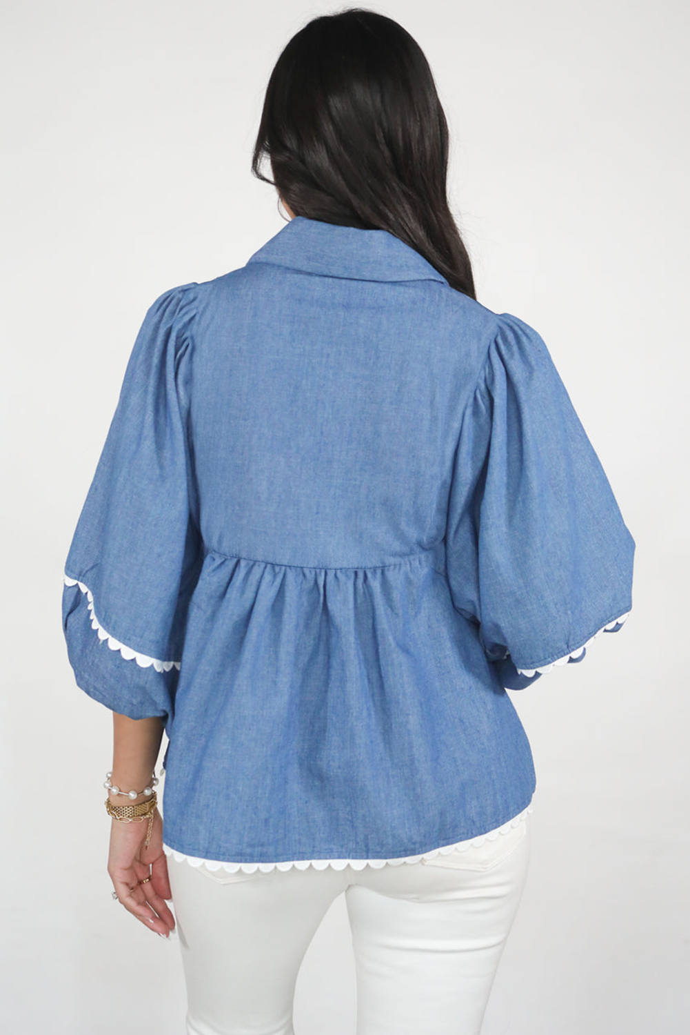 Dusk Blue Scallop Trim Puff Sleeve Collared Babydoll Blouse Blouses 7c5e2f4e9eedfd4e