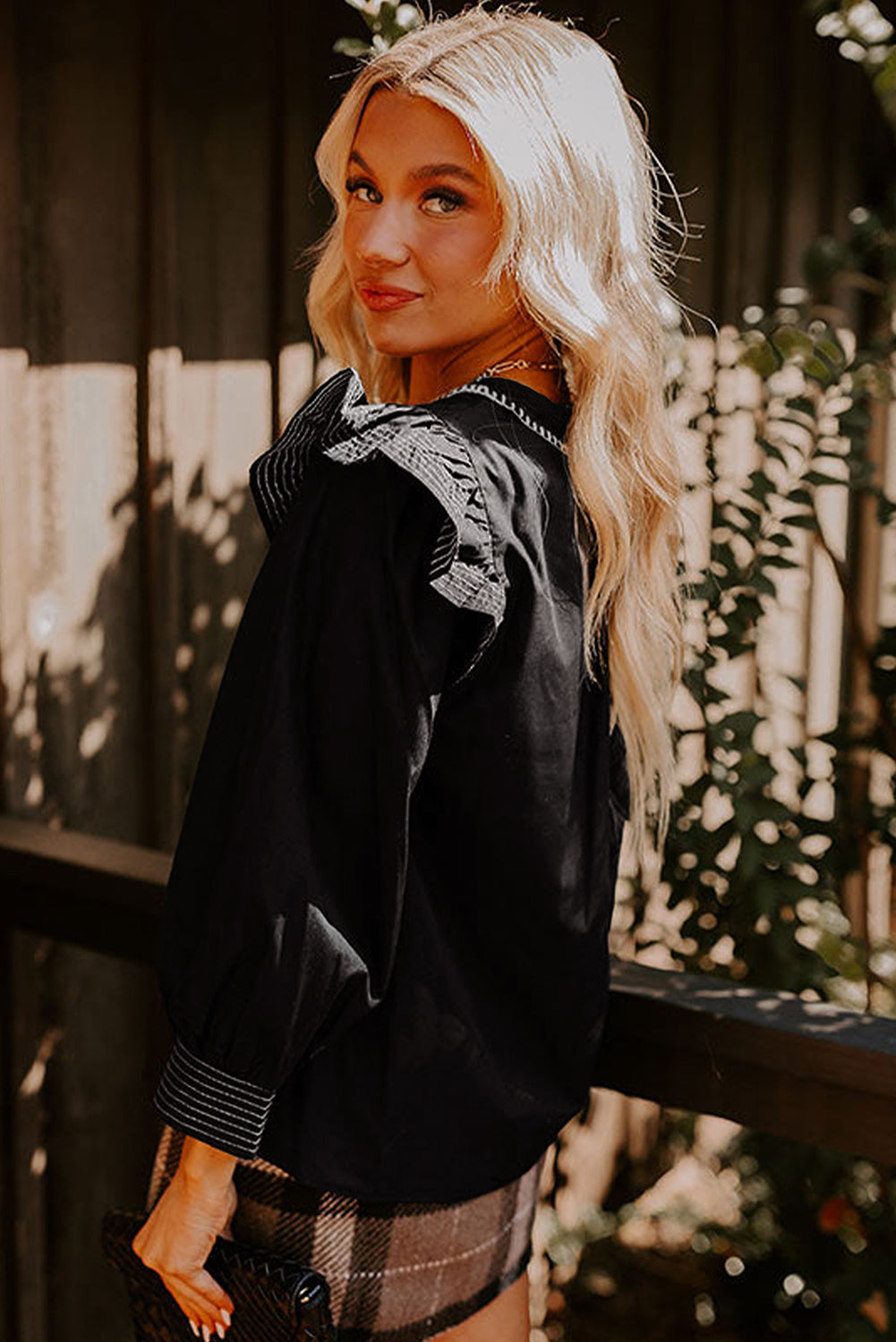 Black Contrast Stitched Detail V Neck Ruffle Long Sleeve Blouse Blouses 7c60b75ef84b8d58