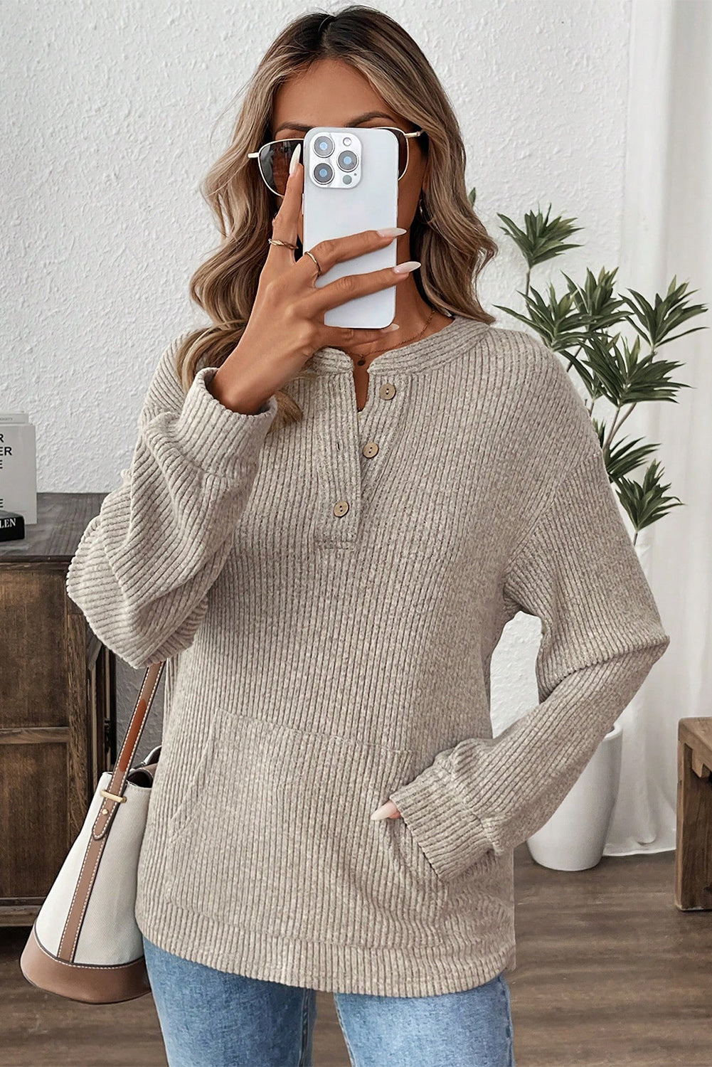 Pink Ribbed Texture Drop Shoulder Henley Knit Top Long Sleeve Tops 7c97b2182f8a9b9b