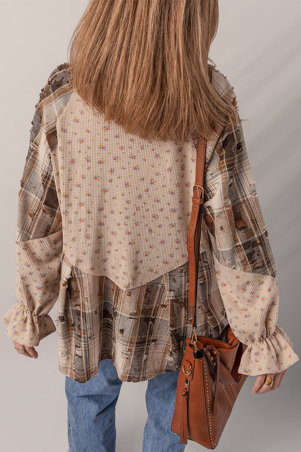 Oatmeal Boho Floral Plaid Patchwork Waffle Knit Distressed Jacket Jackets 7cc1864647171449